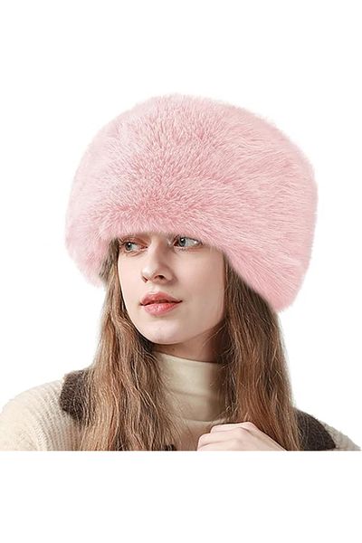 nacar çarşı Pink Plush Fur Round Kalpat Hat Beanie