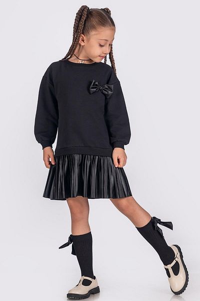 Minik Dolap Cotton Girl's Dress with Pleated Leather Skirt