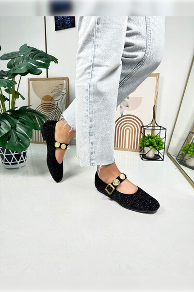 Nstil Daily Women's Black Ballet Flats Pearl Banded Adjustable Buckle Oval Toe Lightweight Comfortable Shoes 379