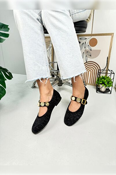 Nstil Daily Women's Black Ballet Flats Pearl Banded Adjustable Buckle Oval Toe Lightweight Comfortable Shoes 379