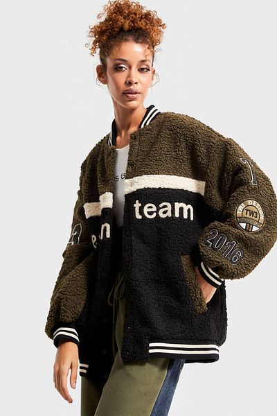 its basic Γυναικείο Χακί Μαύρο Χρώμα Teddy Ύφασμα Oversize Design College Jacket