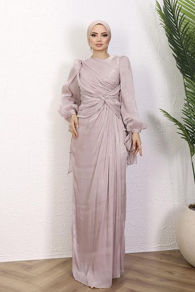 Modaensarbutik Mermaid Lacing Detail Hijab Evening Dress-Pudra