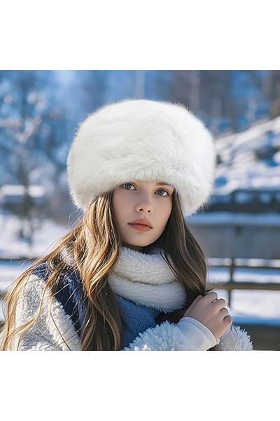 nacar çarşı White Plush Fur Round Kalpat Hat Beanie