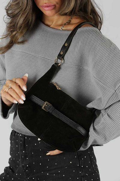Moom Bag Geantă de umăr subțire, neagră, din piele intoarsa, cu cataramă aurie