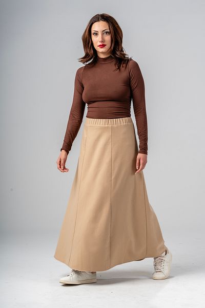 Galistore Camel Gabardine a Line Long Skirt - Elastic Waist