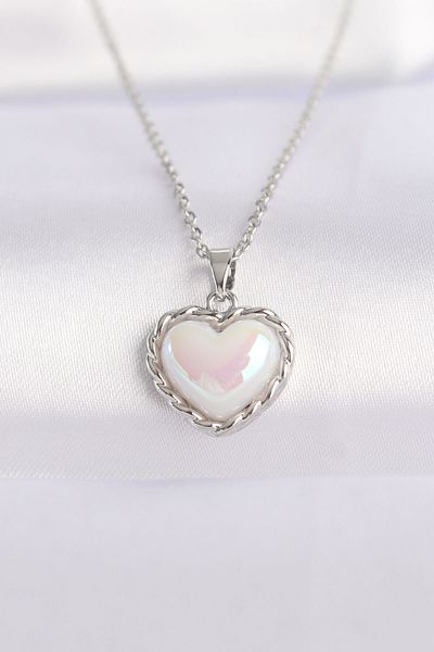 Skygo White Stoned Curved Heart Necklace - 316L Steel Chain, Silver Color - TJ-BKO8631