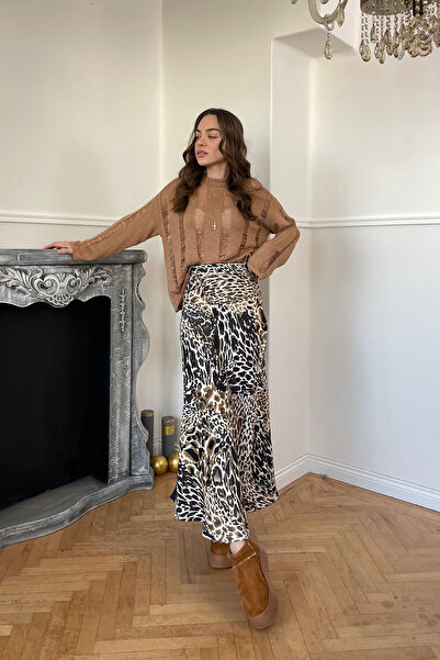 MAGARDE Fusta din satin cu model leopard cu talie elastica - BEI