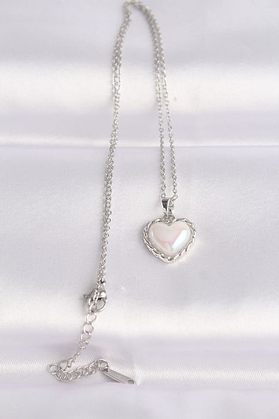 Skygo White Stoned Curved Heart Necklace - 316L Steel Chain, Silver Color - TJ-BKO8631