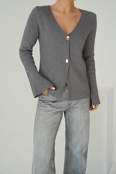 LOOSH Women's Gray V-Neck Gold Buttoned Sleeve Detailed Knitwear Cardigan