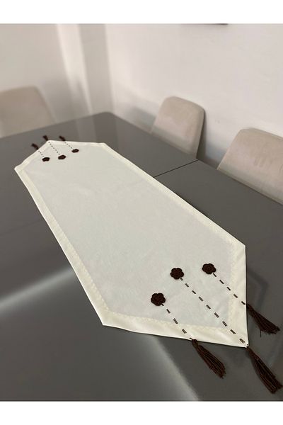 Parla Life Bitter Brown Floral Patterned Flannelette Runner με φούντες - 40x120 (Προσαρμοσμένο μέγεθος και χρώμα)