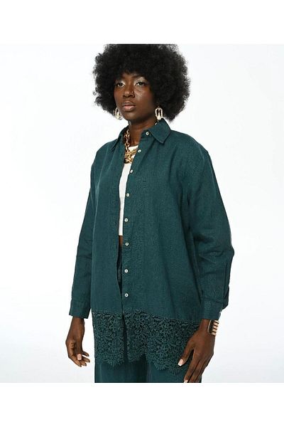 Orfeo Negro Petrol Blue Colored Women's Shirt - 100% Linen, Lace Detail, Long Sleeve