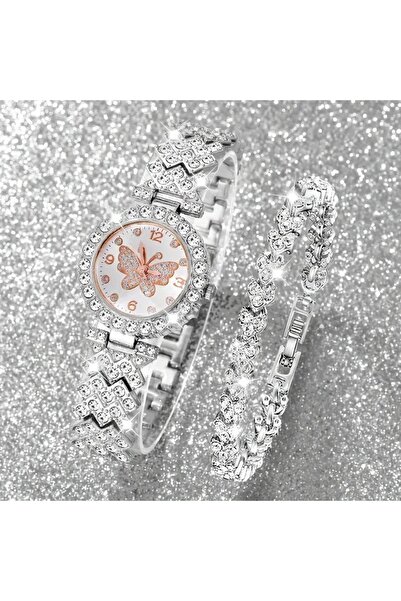 TNY Gümüş Rengi Şık 2'li Kelebek Kuvars Kadın Kol Saati & Işıltılı Taşlı Bile...