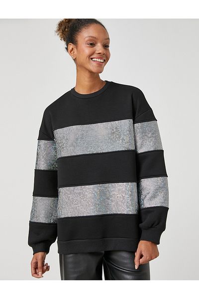 Koton Crew Neck Sweatshirt Hologram Look Sparkly Long Sleeve With Fleece Inside