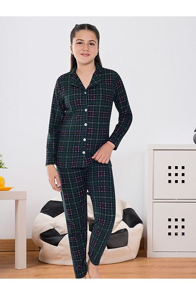 TAMPAP 6589 Girls' Suede Winter Thick Pajamas Set with Buttoned Plaid