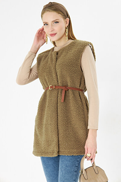 armonika Vestă de pluș căptușită cu centură din piele artificială maro deschi...