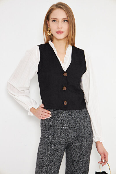 armonika Women's Black V-Neck Slim Corduroy Vest Arm-25K 001008