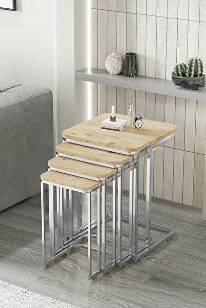 FAYMEND Tekerlekli 4 Lü Zigon Sehpa - Yan sehpa  ( GÜMÜŞ - RİVOLİ ) MDF