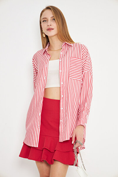 armonika Women's Red Striped Long Sleeve Pocket Detail Back Pleated Oversize ...