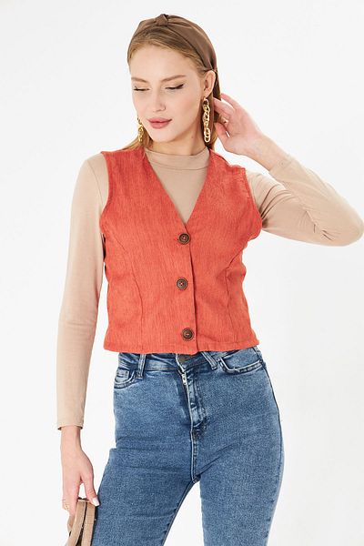 armonika Women's Salmon V-Neck Slim Corduroy Vest Arm-25K 001008
