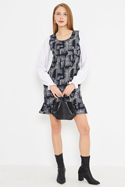 armonika Жіноча темно-синя спідниця з U-подібним вирізом з оборкою з довгими рукавами з кишенями ARM-25K001052