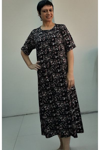 Mertcan Butik Φόρεμα με κοντό μανίκι από χτενισμένο βισκόζη με κομμένο μπροστινό πίσω μέρος από ρόμπα μαύρο λουλουδάτο