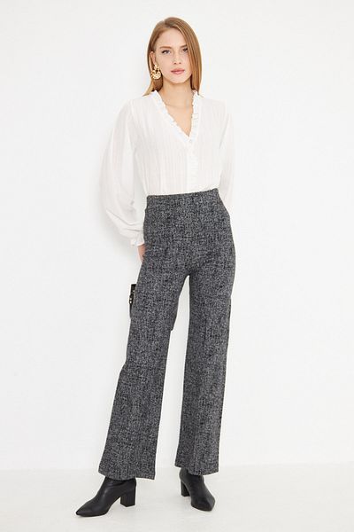 armonika Women's Black Elastic Waist Ironprint Stitching Pants Arm-25K 001058