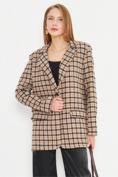 armonika Men's Lapel Women's Oversize Jacket - Light Beige, Pocket Cover, Padded - Arm-25K 001060