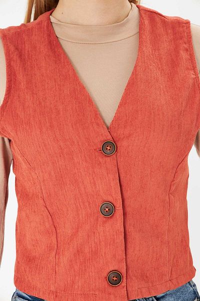 armonika Women's Salmon V-Neck Slim Corduroy Vest Arm-25K 001008