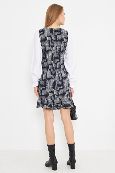 armonika Жіноча темно-синя спідниця з U-подібним вирізом з оборкою з довгими рукавами з кишенями ARM-25K001052