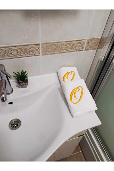 Butik Kişiye Özel Hediye, Baş Harf İşlemeli El Havluları, 30cmX50cm - Altın İ...