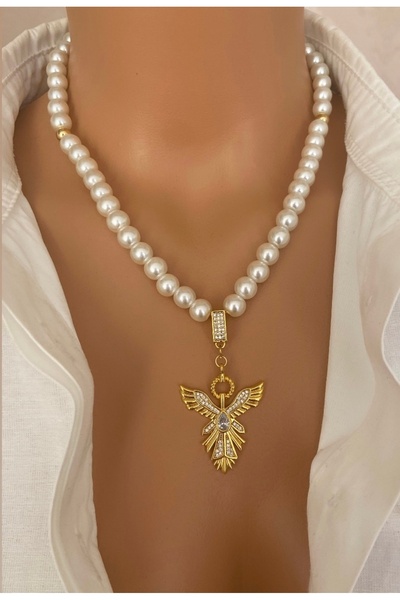 TARZ-I TAKI İnci Kırık Beyaz Anka Kuşu Altın Kaplama Tasarım Kadın Kolye