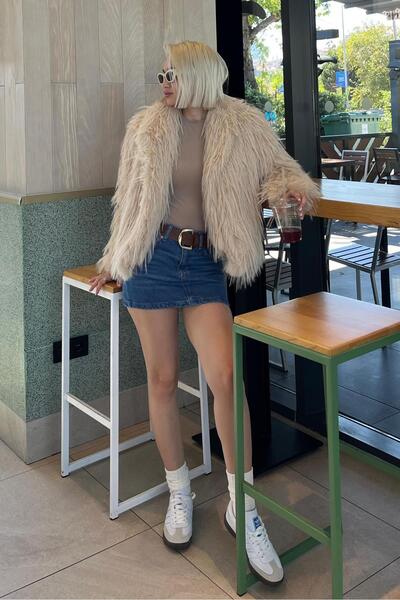 Madmext Bej Şal Yaka Kadın Suni Kürk Mont MG2169