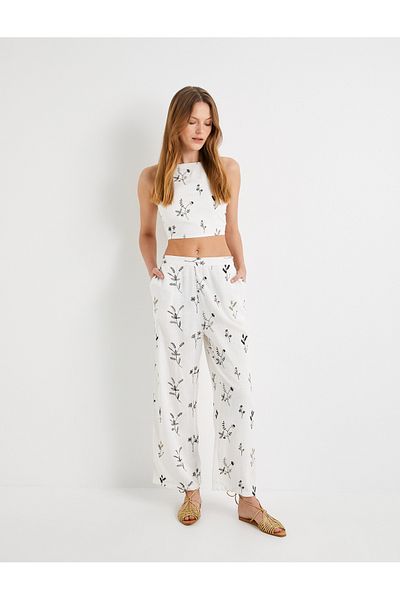 Koton Floral Patterned Wide Leg Trousers - Normal Waist, Pocket Detail