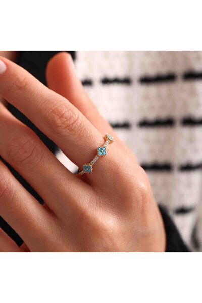 Sembol Gold Firuze Taşlı Altın Yonca Yüzük