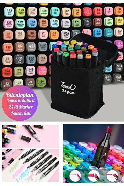 BiTon Toptan مجموعة أقلام تحديد مزدوجة الجوانب مكونة من 24 قلمًا للرسم والتصم...
