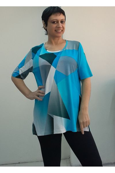 Mertcan Butik Blue Black and White Print Short-Sleeved Combed Cotton Viscose T-Shirt