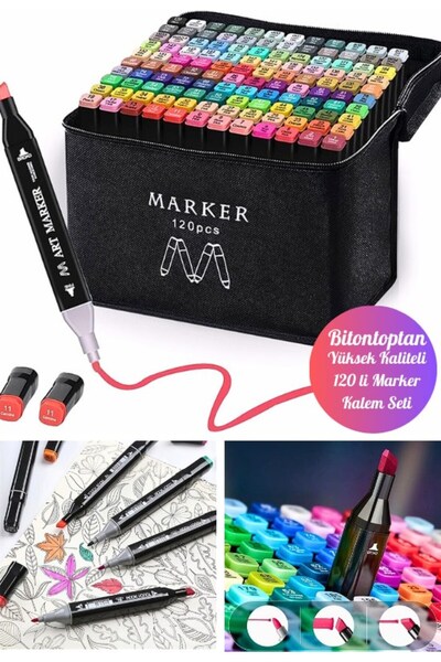 BiTon Toptan 120 Li Çift Tatraflı Marker Kalem Seti Standlı Resim Mimari Ve G...