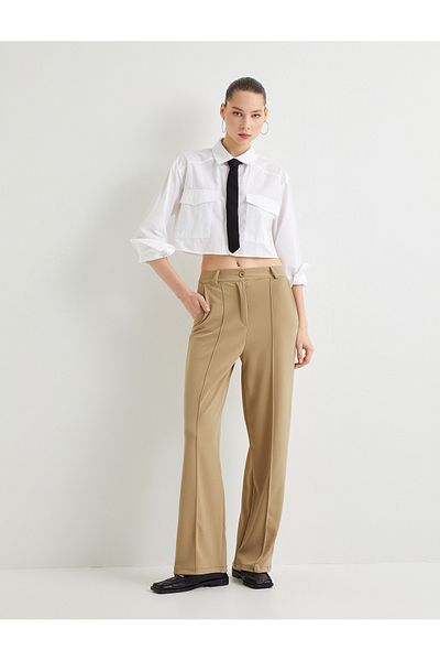 Koton Fabric Pants High Waist Wide Leg Comfortable Fit Ribbed Pocket