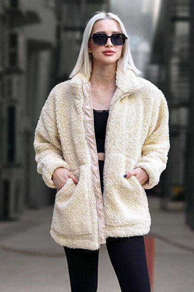 Madmext Ecru plyšový kabát s vysokým límcem a kapsami Mg1948