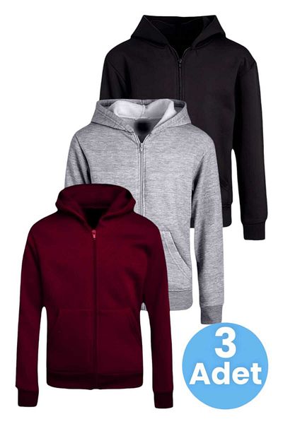 Uniquetrenders Set de 3 hanorace unisex din bumbac cu glugă și fermoar pentru copii