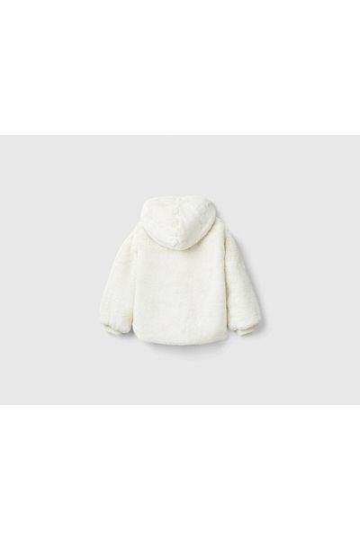 United Colors of Benetton Girl's Ecru Logo Zippered Quilted Lined Hooded Jacket