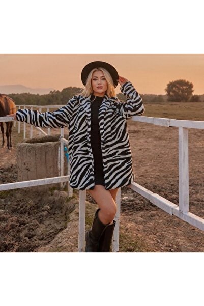DHDmoda Zebra Desen Siyah Beyaz Astarlı Kürk Kaban