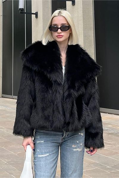 Madmext Black Soft Textured Women's Fur Coat Mg2204