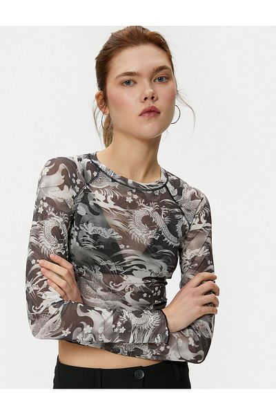 Koton Tricou transparent cu mânecă lungă decolteu rotund cu tematică gotică imprimat