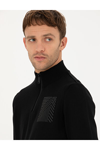 Pierre Cardin Siyah Slim Fit Fermuarlı Dik Yaka Triko Kazak 50279431-VR046
