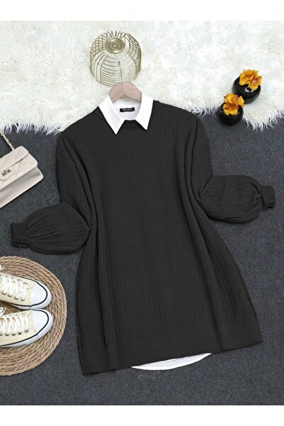 Modamorfo Fekete bordás nyakú kötöttáru tunika