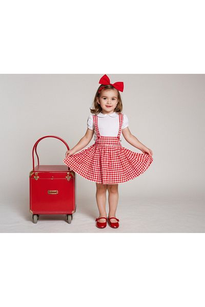 Moda Lina Baby Girl's Red and White Gingham Patterned Salopet & Bandana Set