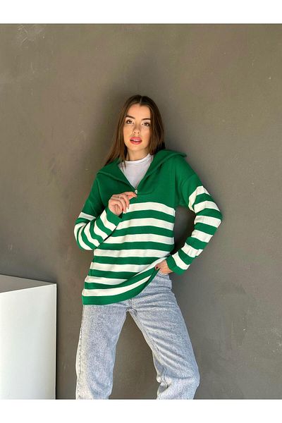 Jose Clothing Pulover de damă, verde, alb, cu dungi oversize, cu fermoar