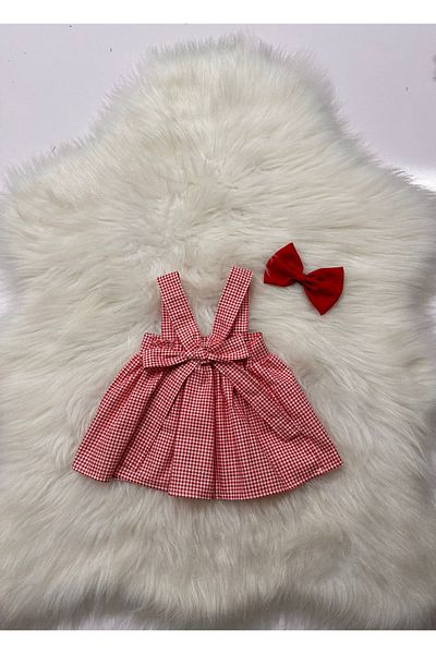 Moda Lina Baby Girl's Red and White Gingham Patterned Salopet & Bandana Set