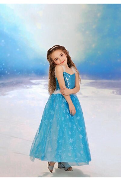 Modonoff Mavi Askılı Kız Çocuk Elbise Elsa Elbise Frozen